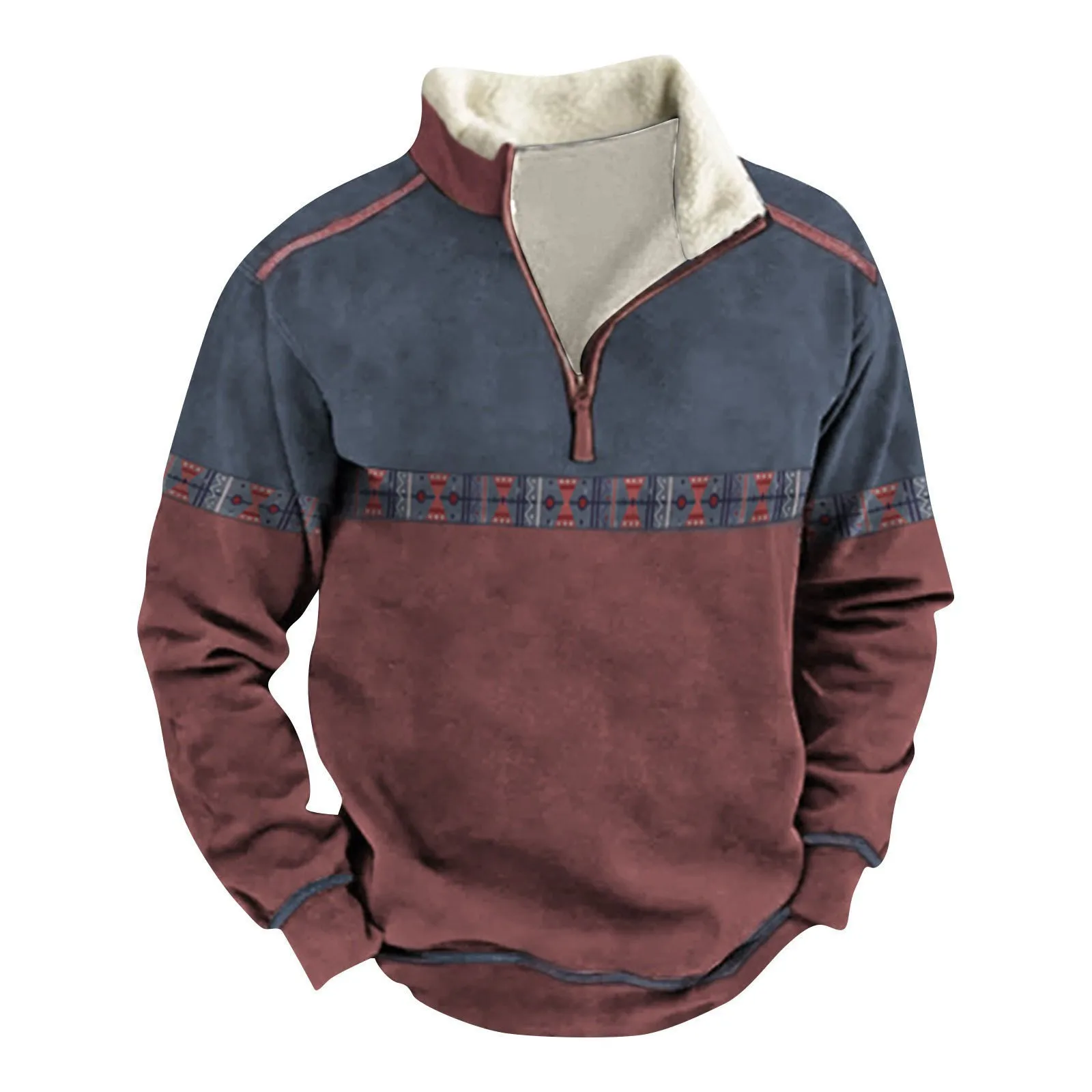 Pulover ritsleting pria, Vintage musim gugur musim dingin lengan panjang Pullover atasan kontras ukuran besar pakaian kerah berdiri kaus hangat