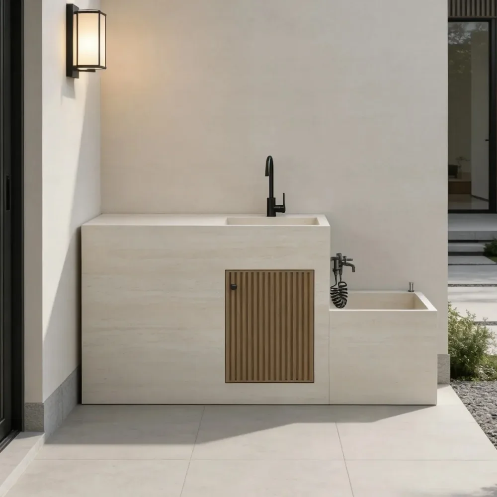 BJ Custom Outdoor Stone Washbasin With Mop Pool Integrated Basin Balcony Column Sink Workstation