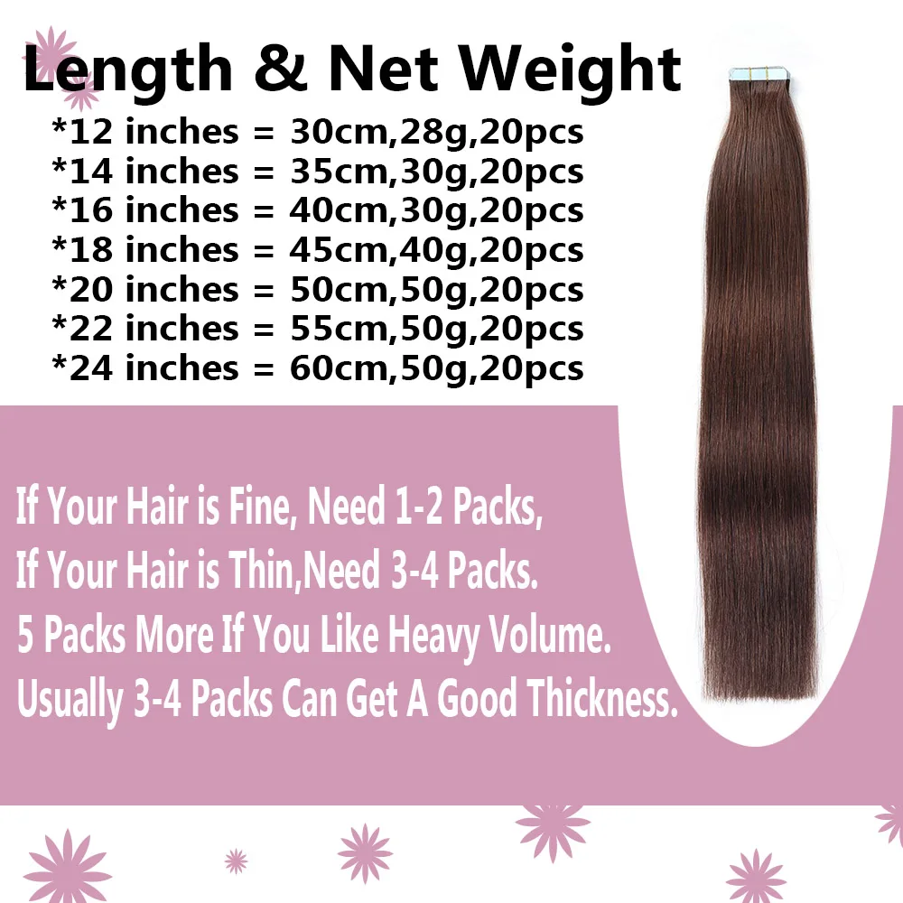 Tape In Hair Extensions Human Hair Straight Dark Brown Brazilian Human Hair Seamless Skin Weft Tape In Extension For White Women