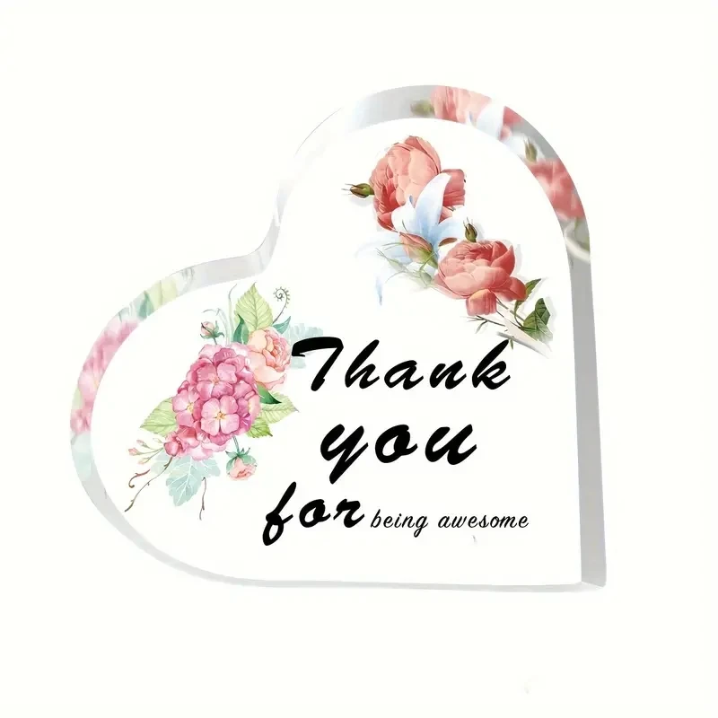 Spring Flower Printed Acrylic Heart Plaque Farewell Inspirational Gift for Women Colleague Living Room Keepsake Desktop Decor