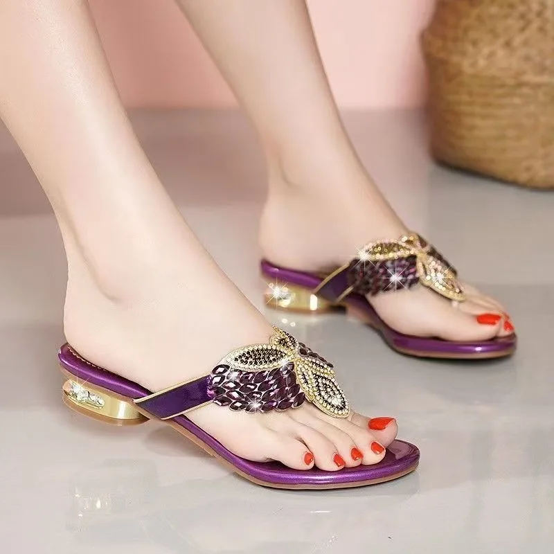 Diamond Slippers for Women's Summer Outdoor Flat Sandals, Beach Vacation Bohemian Style Clip Toe Beach Slippers