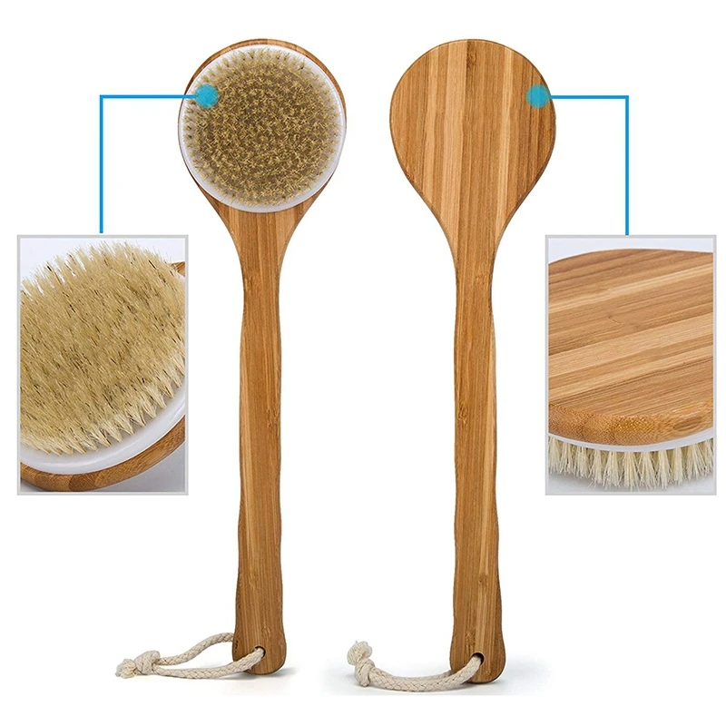 Best Bath Dry Body Brush -Natural Boar Bristles Shower Back Scrubber With Long Handle For Cellulite, Exfoliation, Detox