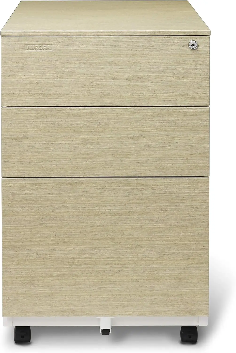 Mobile File Cabinet 3-Drawer Metal with Lock Key Sliding Drawer, White/Light Wenge, Fully Assembled, Ready to Use