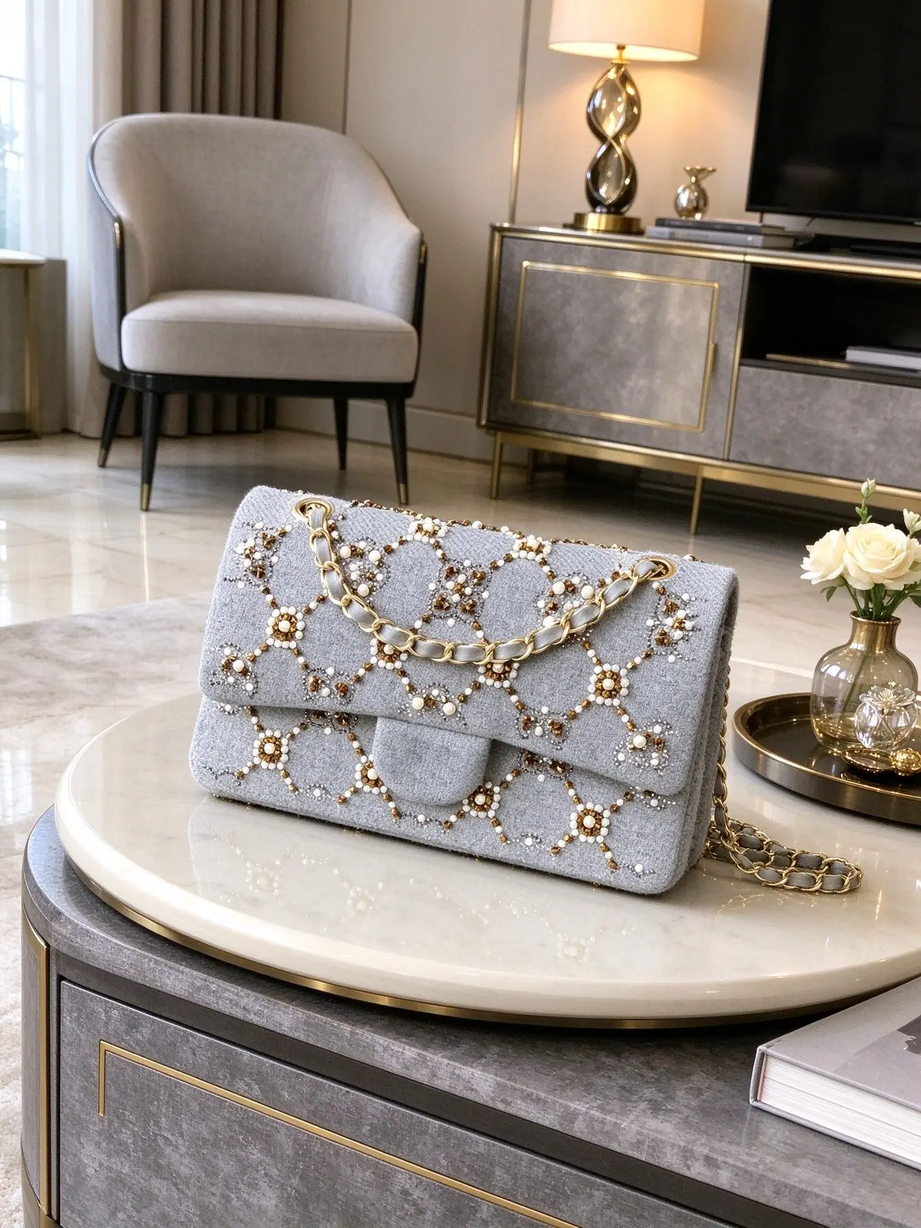 Elegant Grey Knitted Fabric Beaded Flap Bag For Women Luxury Rhinestone Pearl Chain Crossbody Handbag Party Purse