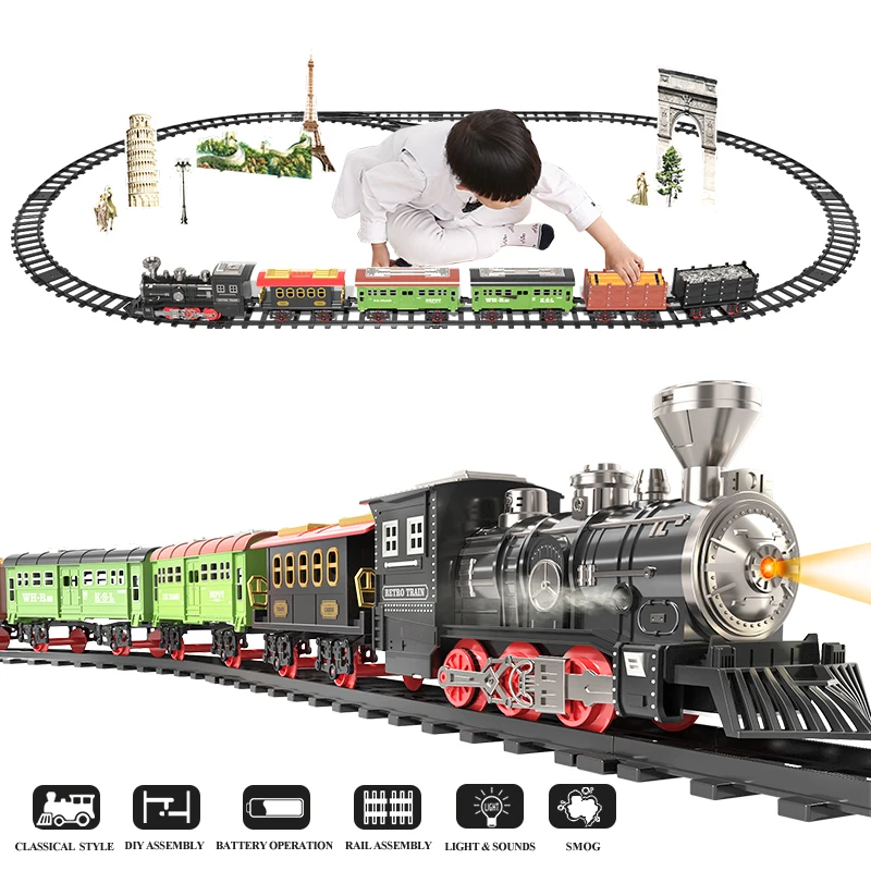 ไฟฟ้าคริสต์มาสชุดของเล่นรถไฟรถรางรถไฟไอน้ำหัวรถจักร Diecast เครื่องยนต์เกมการศึกษาเด็กของเล่นเด็ก