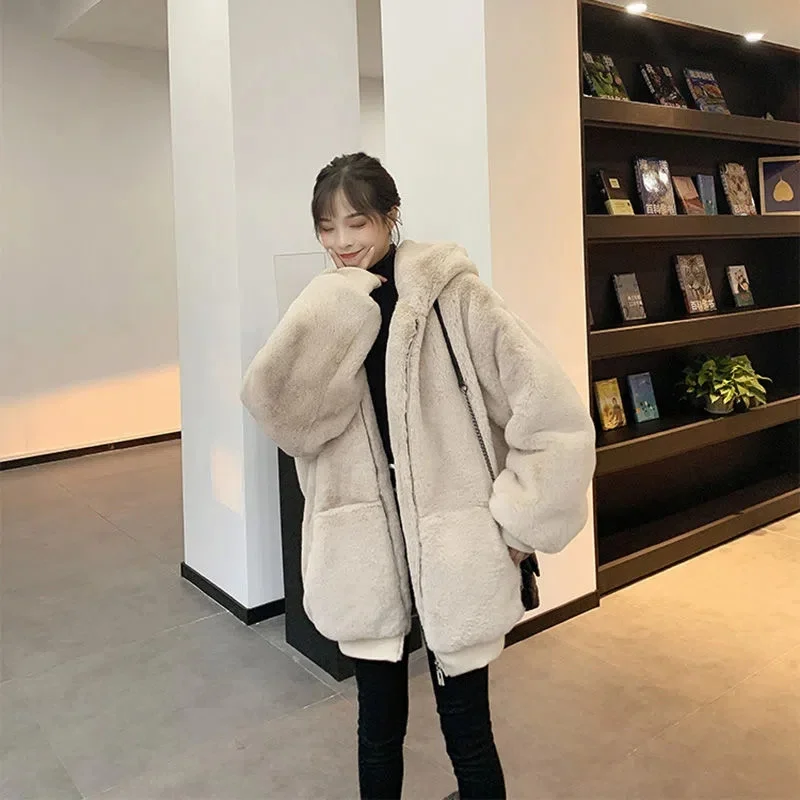 Quilted Thick Furry Coat Female Autumn And Winter Lamb Plush Imitation Mink Rex Rabbit Fur Coat Women Thickened Hooded Coat