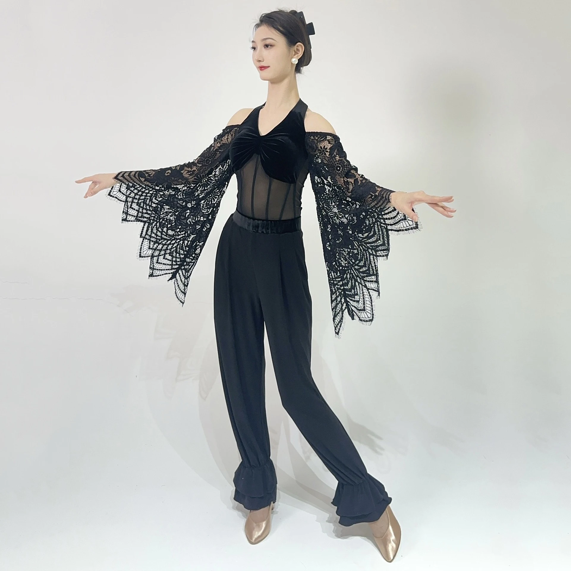 2026 dança de salão rendas queimado mangas topos feminino valsa dança desempenho traje baile social dança de salão roupas bl18314