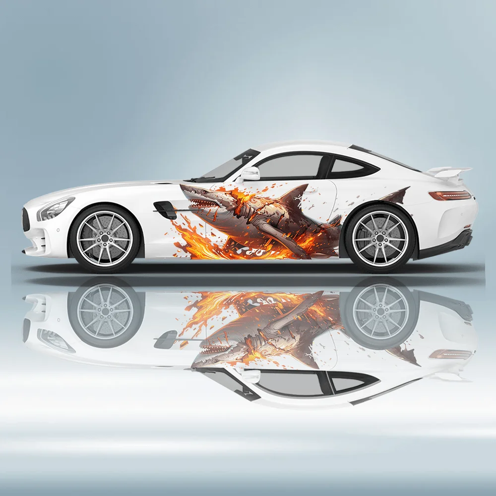 Flame Lava Rock Shark Car Vinyl Wraps Decal Self-adhesive PVC Sticker Suitable for Trucks SUV Decoration Auto Accessories Gift