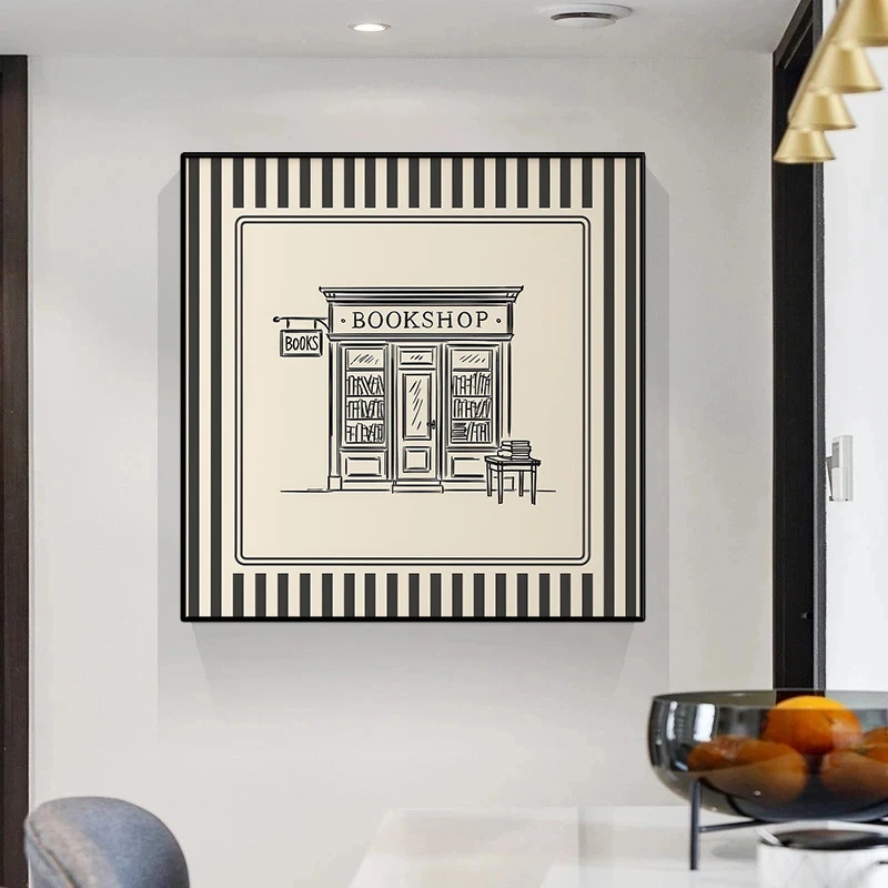 Vintage  Black Ink Sketch Stripe Store Poster Flower Shop Bookshop Cafe Canvas Painting Boutique Wall Art Living Room Home Decor