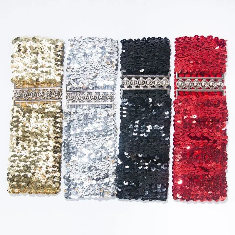 Sequin Elastic Glitter Belt Women's Corset Wide Waist Belt Metal Buckle Waistband Decorative Corset Strap Party Dress Accessorie