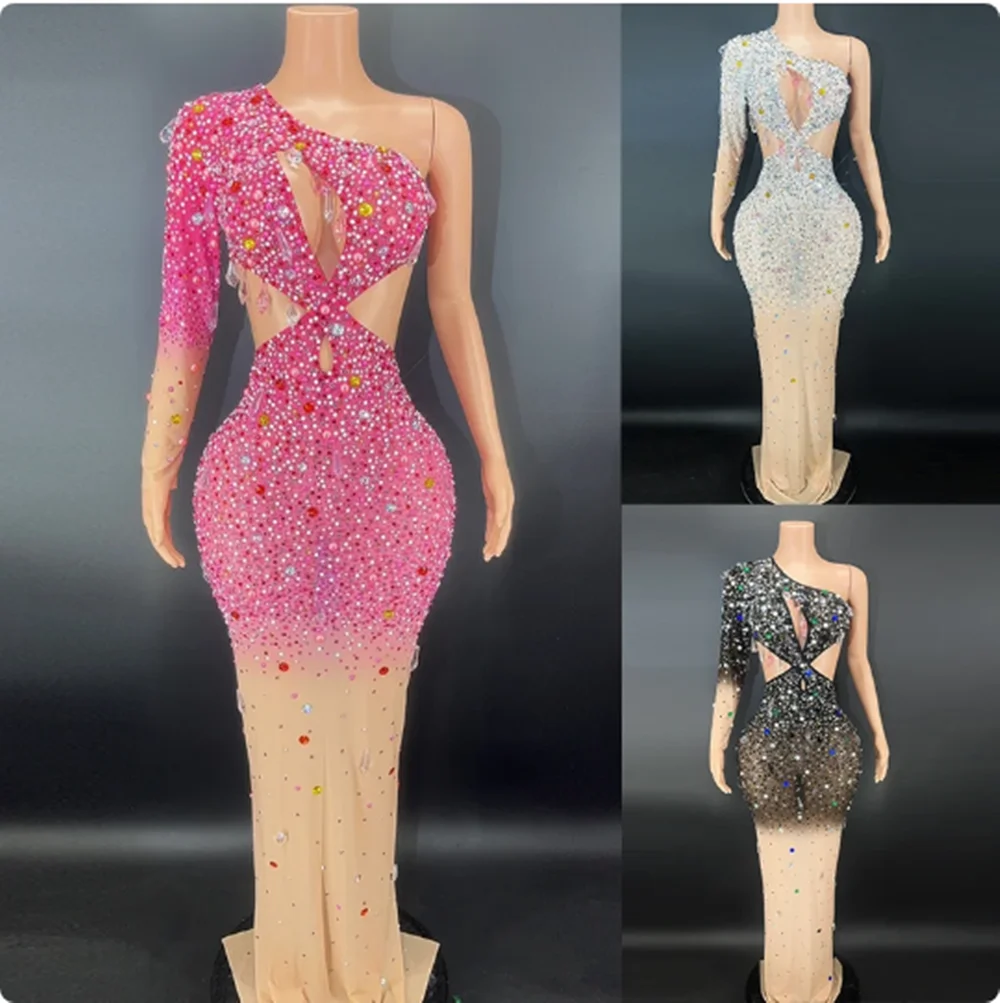 Sexy Off-Shoulder Hollow Out Rhinestone Long Dress Singer Performance Stage Costume Female Party Banquet Evening Dress