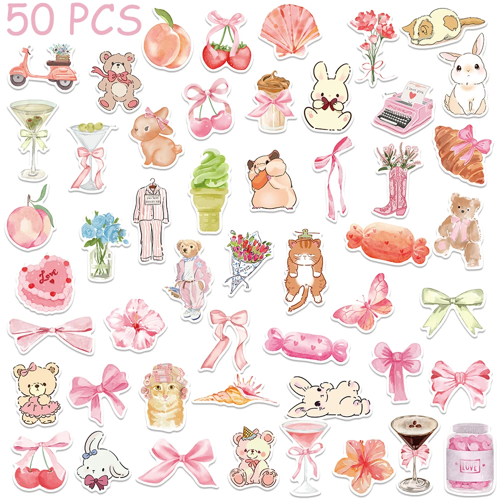 50pcs Pink Cartoon Illustration Stickers Decals For Scrapbook Laptop Skateboard Suitcase Guitar Aesthetic Waterproof Stickers