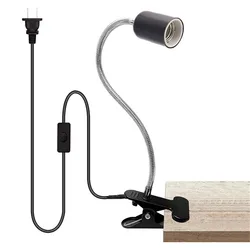 Black Plug in Clip Lamp Holder Ceramic E27 Clamp Light Socket 360° Adjustable Gooseneck Screw Holder for Home Office Bedside