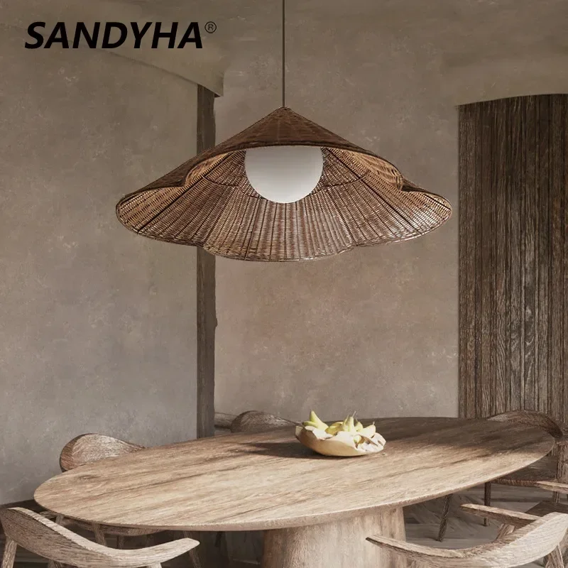 SANDYHA Rattan LED Pendant Light Modern Hanging Chandelier for Living Room Bedroom Dining Table Lighting Natural Woven Hat