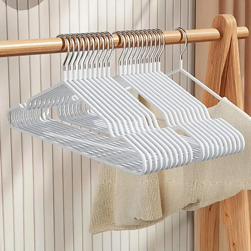 10-piece anti-slip and durable metal hangers with rubber coating. These space-saving clothes hooks have shoulder grooves.
