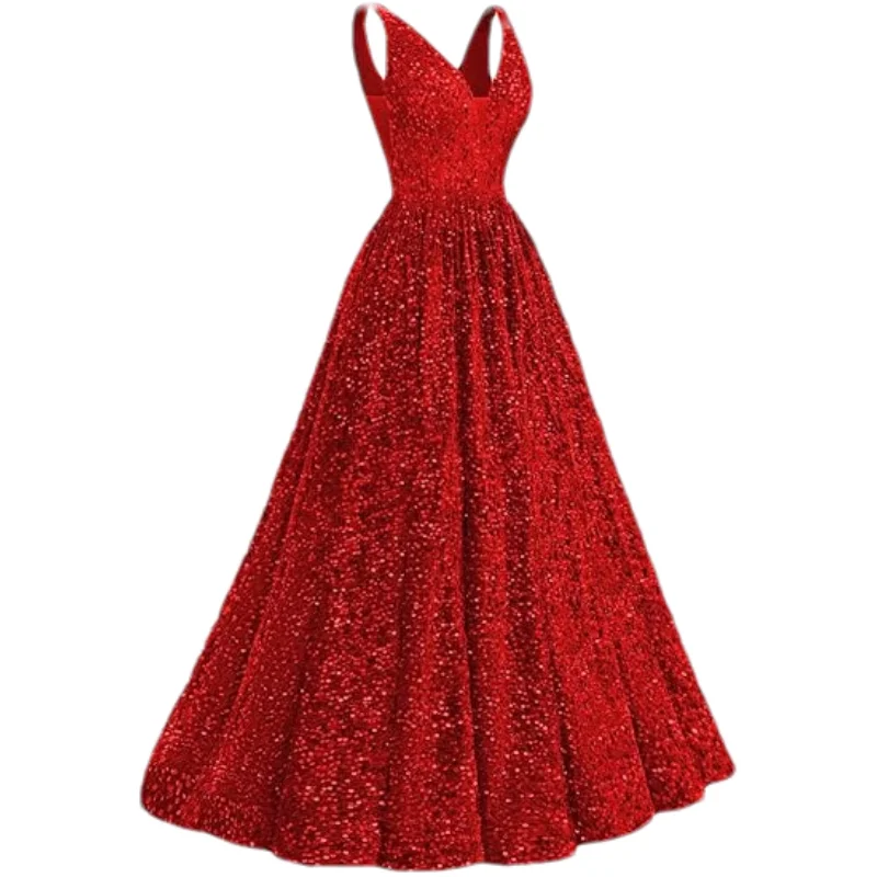 

Индивидуальные платья для выпускного вечера с V-образным вырезом и пайетками, длинное блестящее трапециевидное блестящее свадебное платье, официальное бальное платье для женщин с карманами