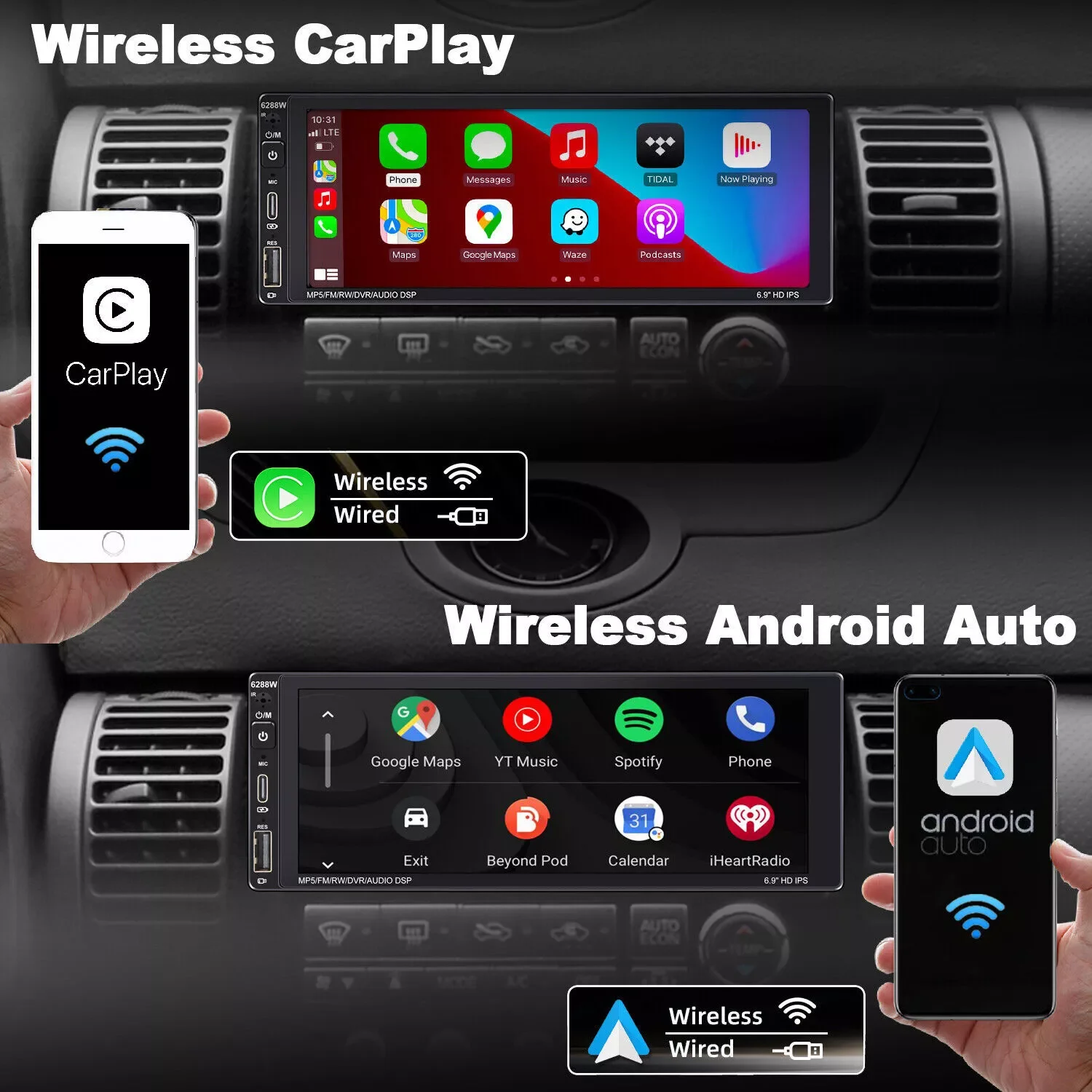 6.9Inch Single Din Car Stereo Wireless Carplay Screen Radio Multimedia Video Player Universal Touchscreen Bluetooth Radio USB