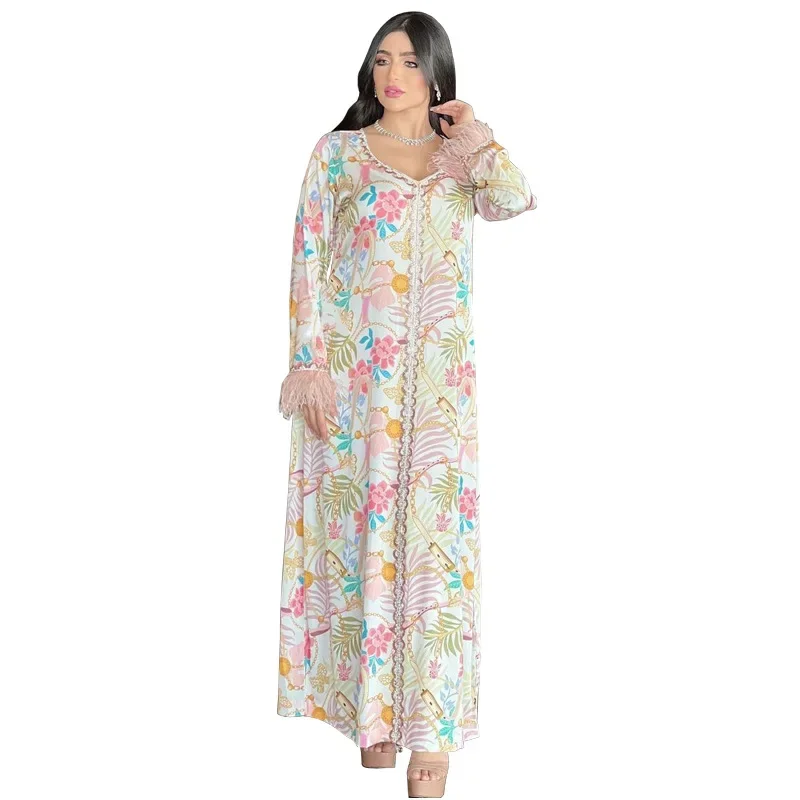 UNI Eid Party Donne Musulmane Stampa Abaya Diamanti Abito Lungo Maxi Turchia Dubai Caftano Arabo Islam Robe Marocco Caftano Jalabiya