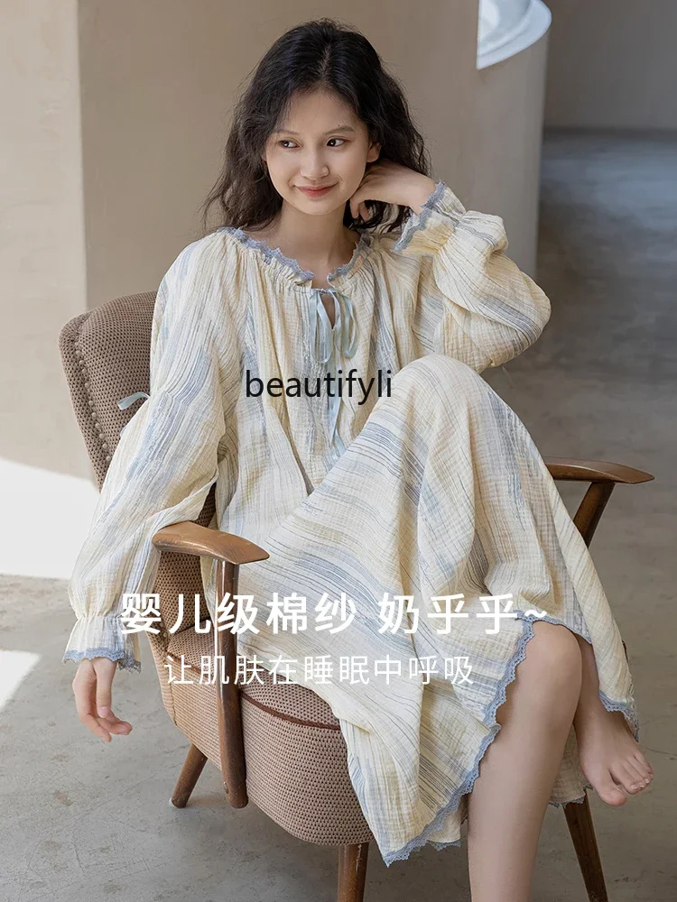 

Pure Cotton Nightdress Women's Summer Gauze Dress Summer Pajamas Women plus Size Can Be Worn outside Spring and Autumn Homewear