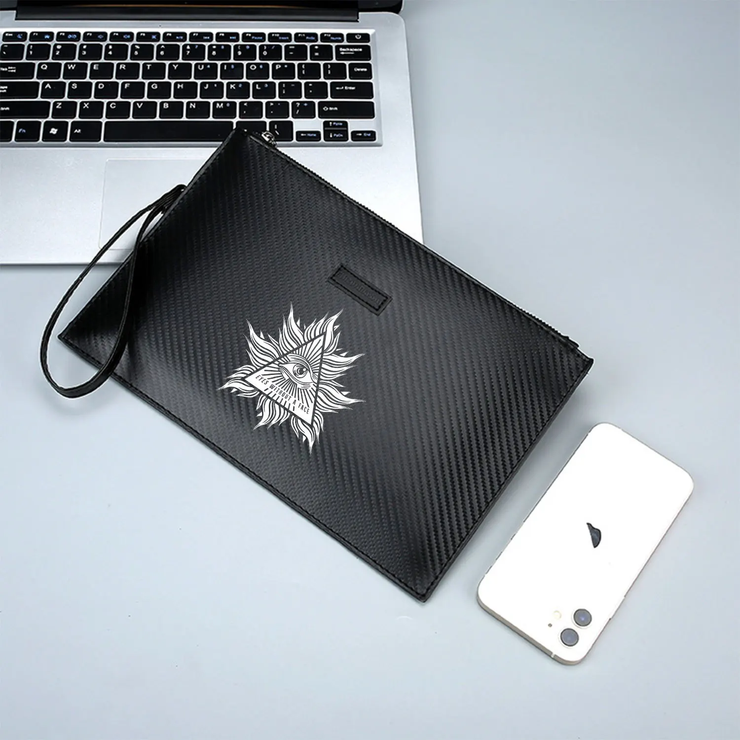 Eye Triangle Flames Lines Black White Elegant Printed PU Men's Handbag Fashionable and Practical for Everyday Carry