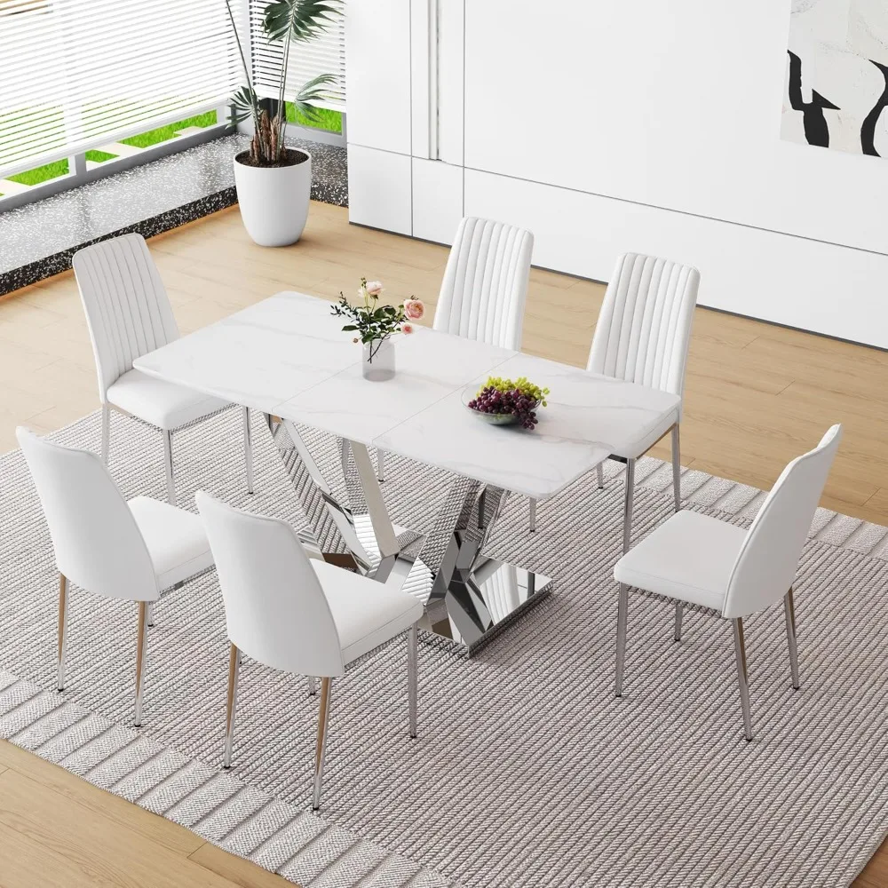 

Dining Table Set for 6, White Kitchen Tables, 6 Seat Dinings Tables Set with Stainless Steel Base, Dining Room Table with Chairs