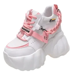 10CM Thick Sole Casual Ladies Vulcanized Shoes Sport High Platform Sneaker Woman Chain Chunky Sneakers White Pink Fashion Women