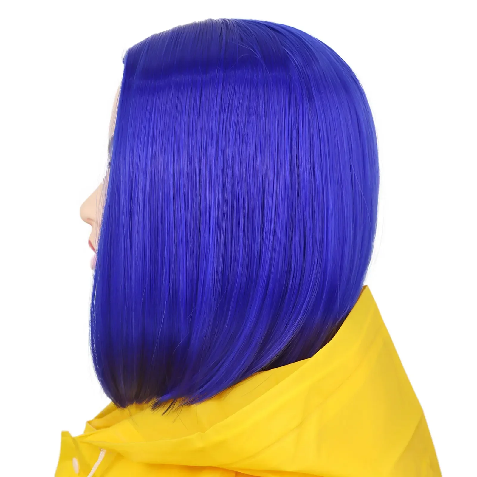 Peruka cosplay Anime Blue Bob dla kobiet, krótka prosta peruka z naszyjnikiem i spinką do włosów w kształcie ważki, peruka na kostium na Halloween