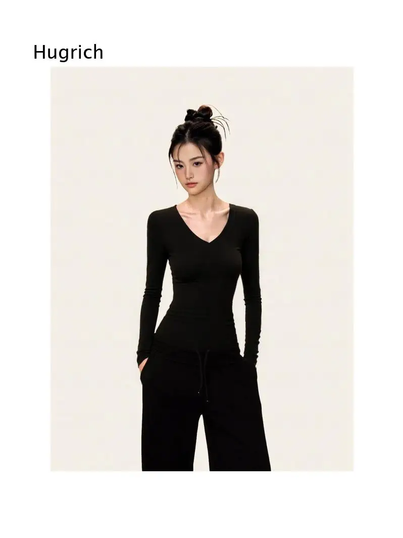Womens V Neck Long Sleeve Tee Slim Fit Solid Color Stretchy Texture Soft Basic Casual Top For Different Daily Matching Outfits