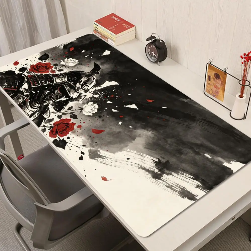 Ink wash japanese samurai red rose playmat monochrome oriental gaming office mousepad