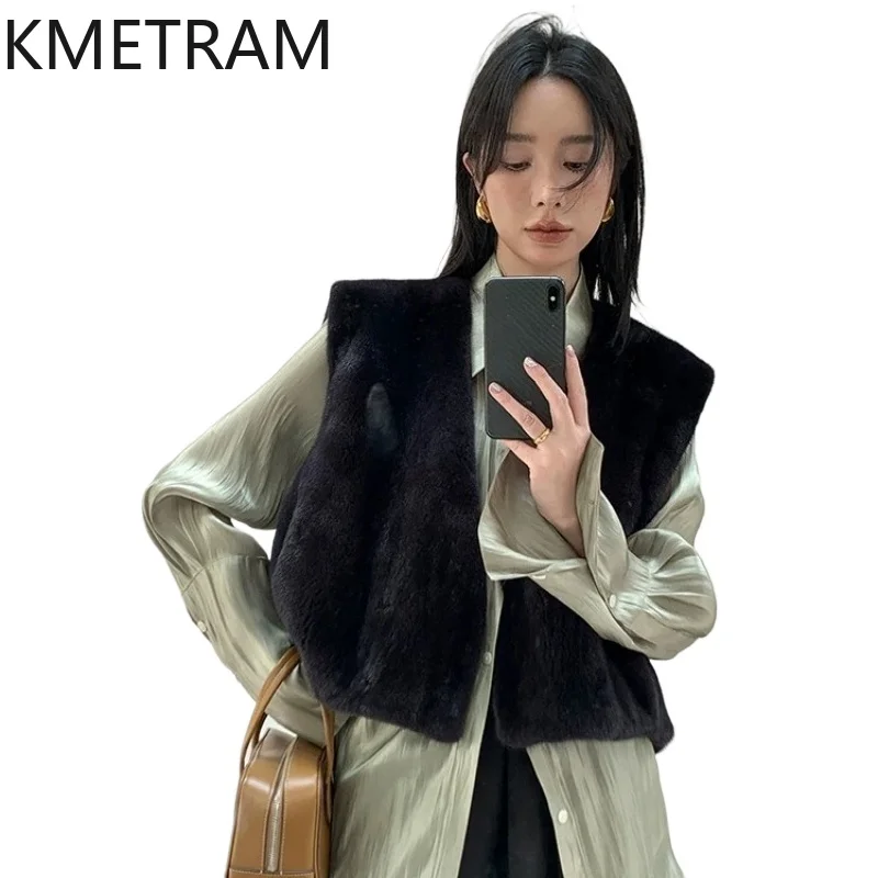 KMETRAM Natural Velvet Mink Fur Vest Women V-Neck Short Fur Coats 52cm Sleeveless Winter Real Fur Coat Woman Clothing 2026 шуба