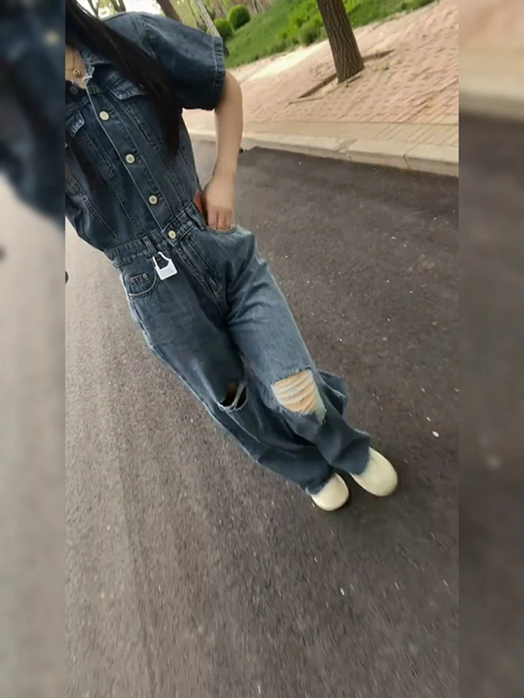 

Ретро джинсовые комбинезоны с рваными краями и утягивающим эффектом на талии, больших размеров, для полных женщин, летняя новинка