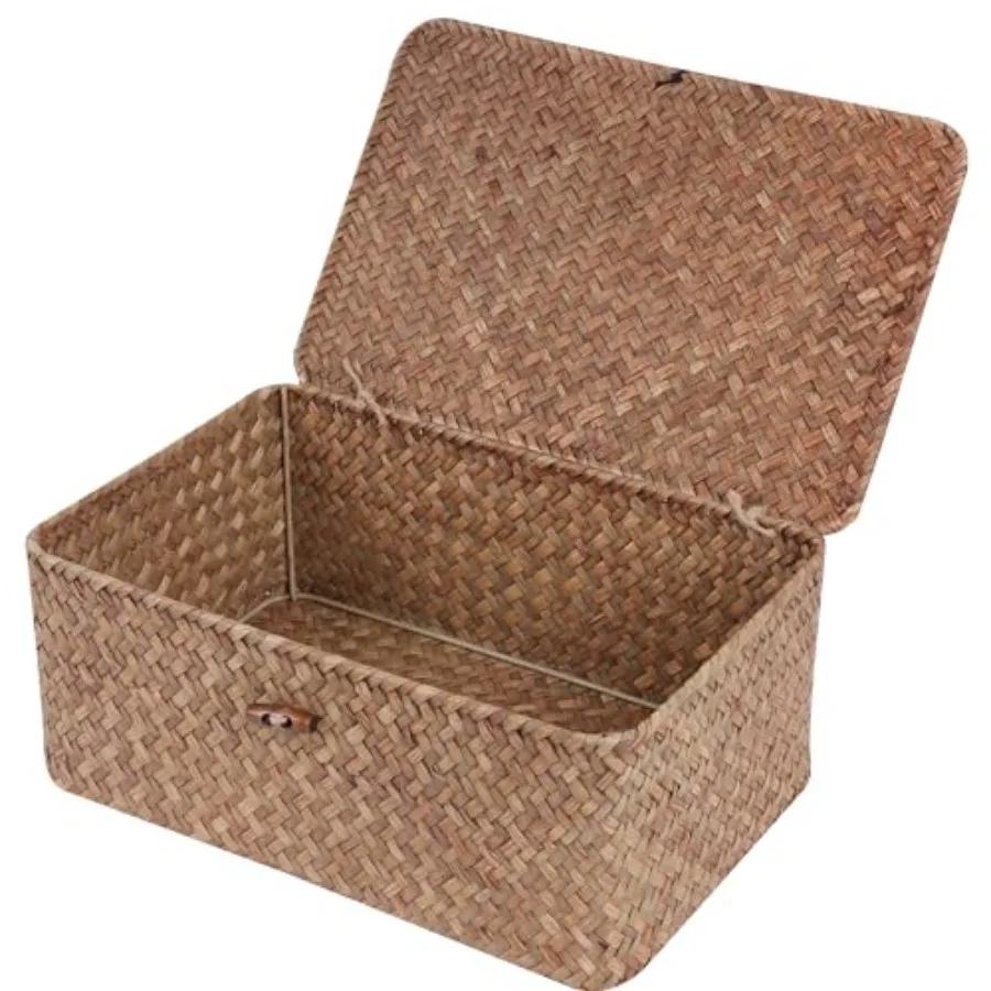 FEIALNDUO Paniers de rangement rectangulaires en osier avec couvercle, en jonc de mer tissé à la main pour étagères, bureau, ma