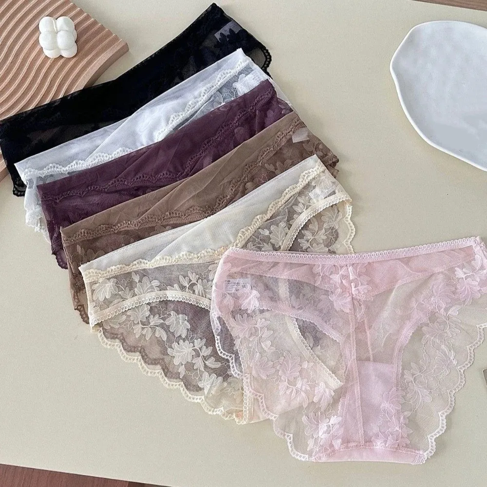 Sweet Mesh Lace Flower Panties Low Waist Transparent French Style Briefs Breathable Lace Briefs Summer Spring