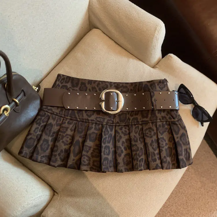 Sexy Leopard Print High Waist Anti-light Pleated Skirt Y2k Spice Girl Short Skirt