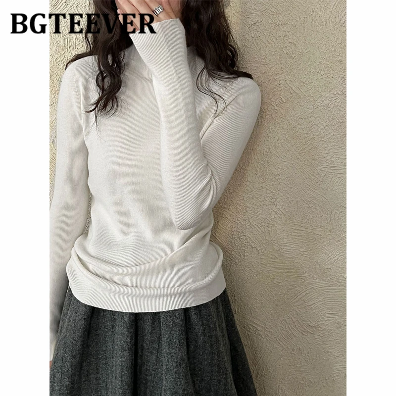 

BGTEEVER осень-зима модные женские базовые пуловеры с воротником-стойкой, свитера, повседневные женские тонкие вязаные джемперы с длинными рукавами