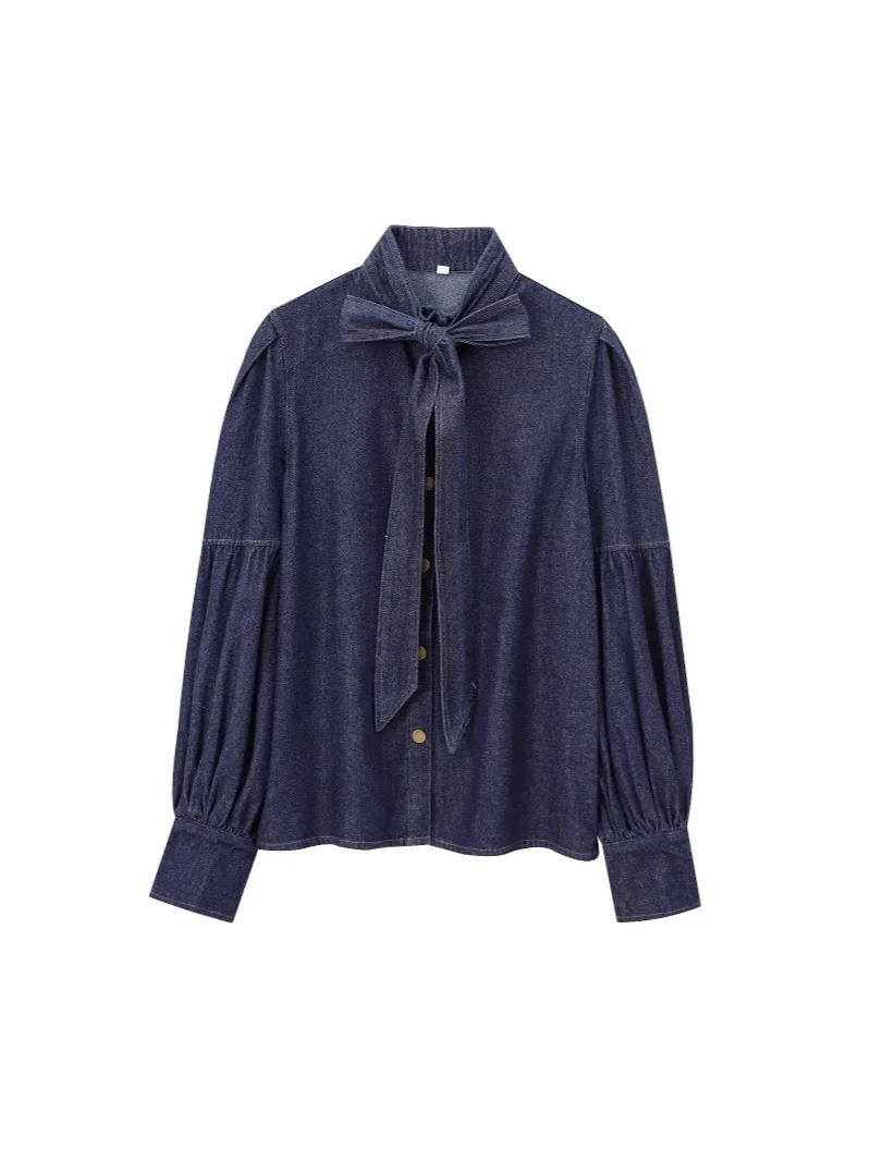 AW Urban Imitation Denim Blouse Tops Women's Blouses&Shirts New Spring Autumn Long Sleeves Puff Sleeves Tied High Neck Clot view 5