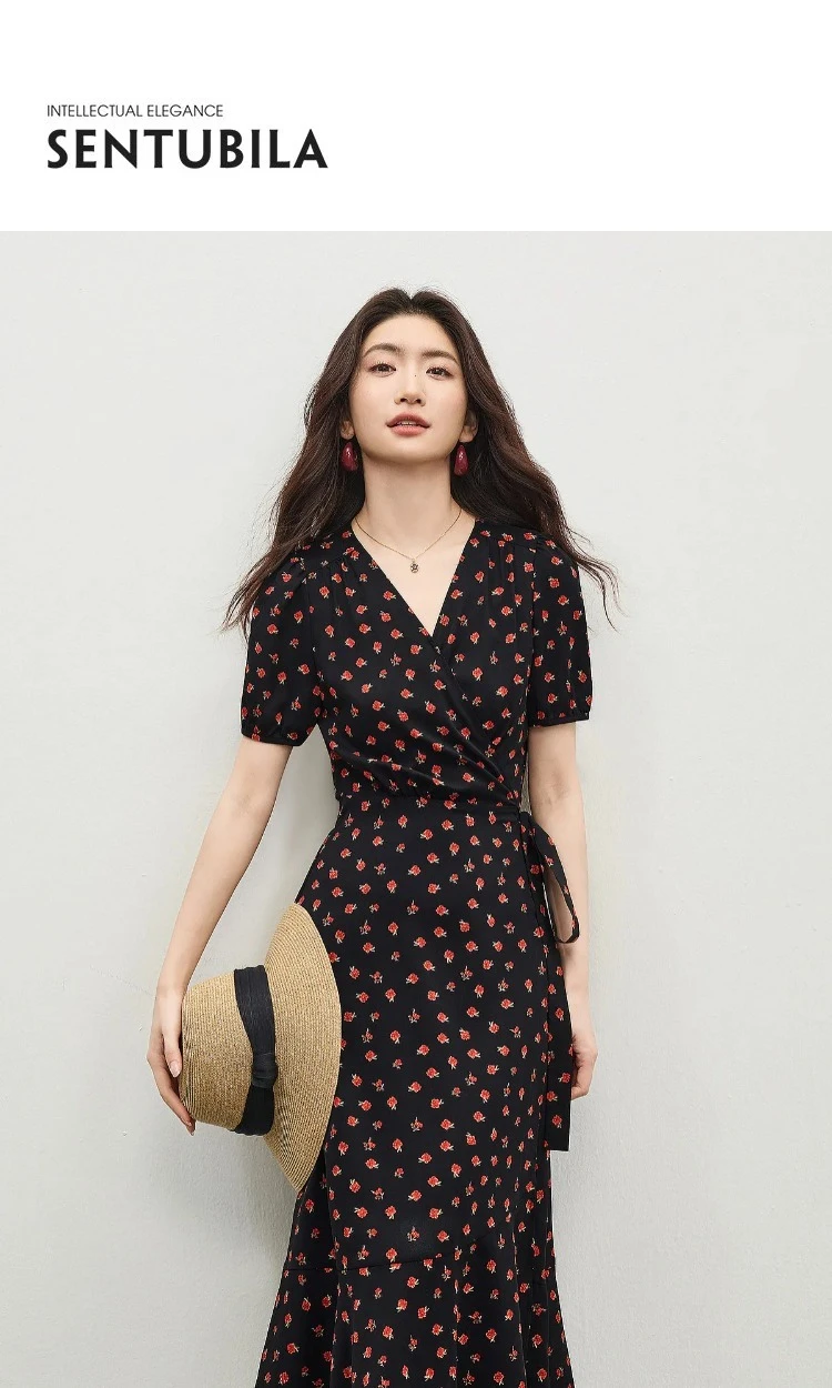 SENTUBILA Damen Sommer Blumenmuster Schwarztee-Kleid 2026 Elegantes Damen V-Ausschnitt Wickelkleid mit Taillenbund und Kurzen Ärmeln Midi-Kleid 162LI4906 – Detail 3