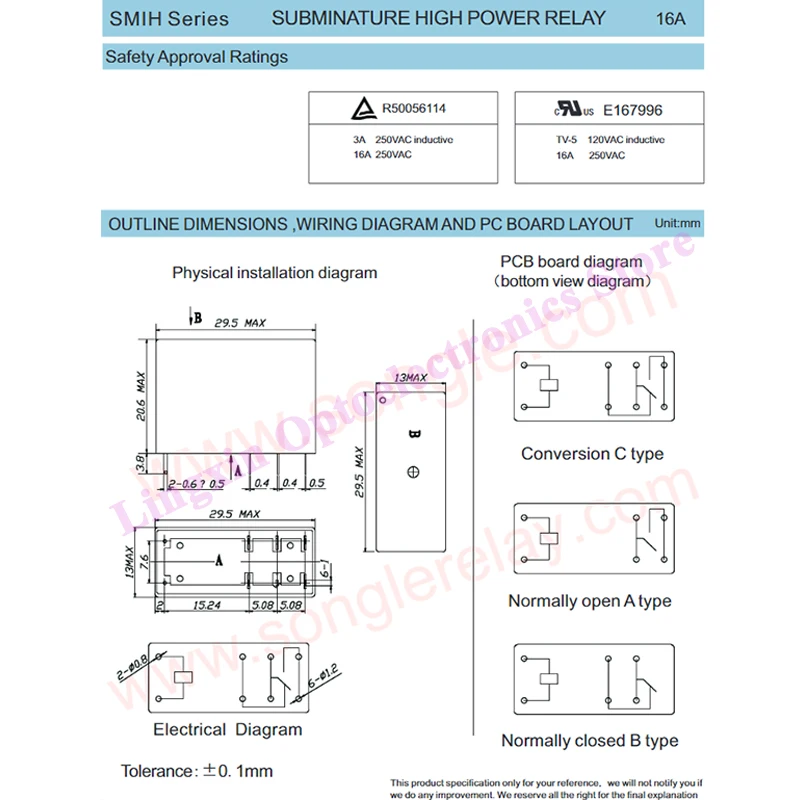 5Pcs SMIH-05VDC-SL-C SMIH-12VDC-SL-C SMIH-24VDC-SL-C Relays 05 12 24 V 250V 16A 8PIN SMIH-05V 12V 24VDC-SL-A 6Pin Original Relay