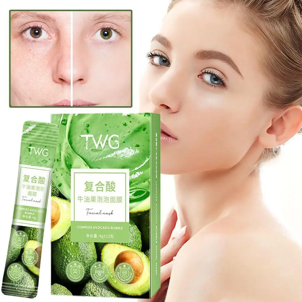 12 Pack Deep Cleansing Complex Acid Avocado Face Mask For Blakehead & Pores, Hydration Bubble Facial Mask Exfoliating Clay H3X1