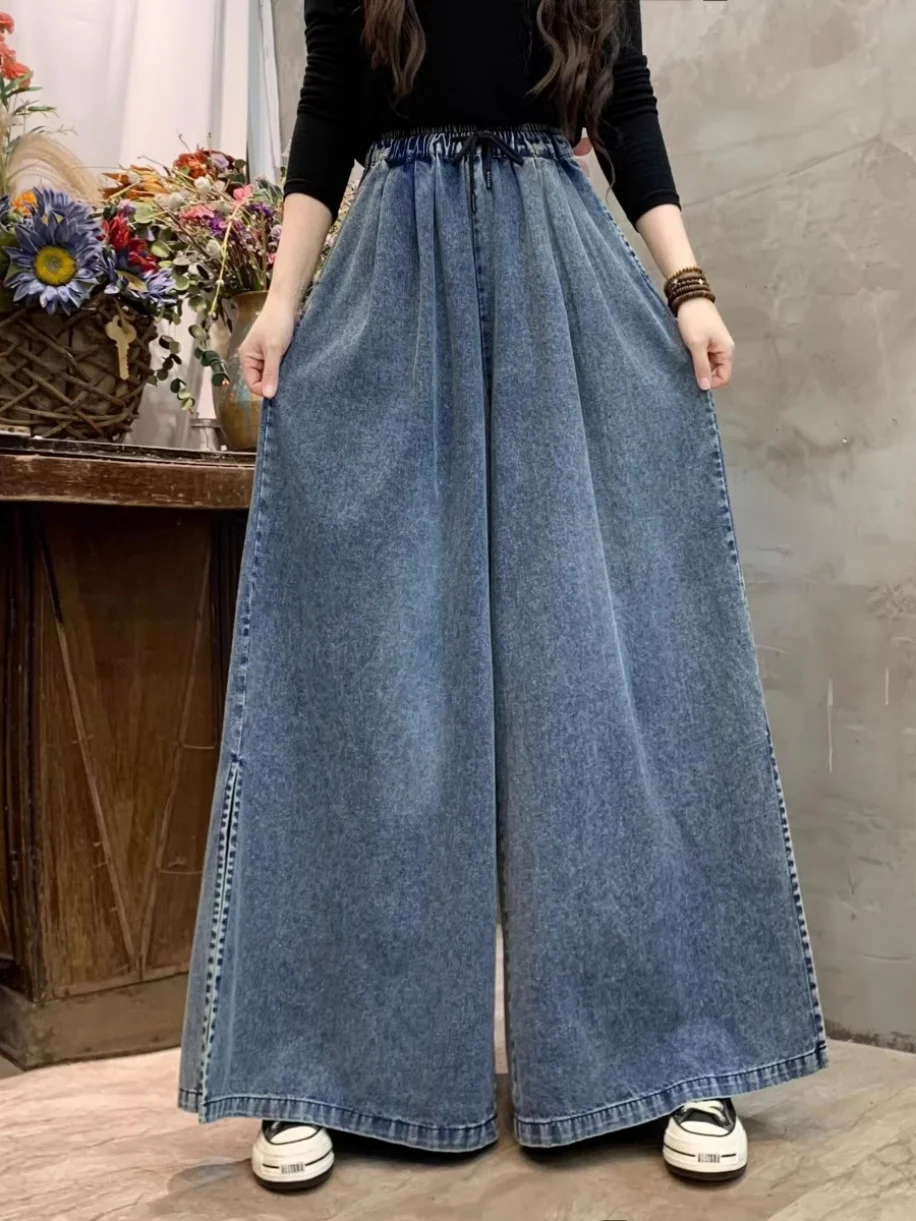 

Женская джинсовая юбка с высокой талией и широкими штанинами в стиле ретро, длинные летние джинсовые брюки прямого кроя из тонкой ткани