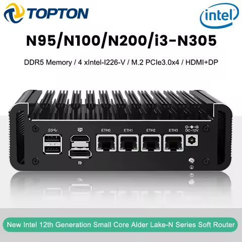 Solid Firewall Fanless Mini PC Intel Core 3 N355 N305 8 Core N150 N100 DDR5 2xNVMe 4xi226-V 2.5G Soft Router Proxmox Host Server