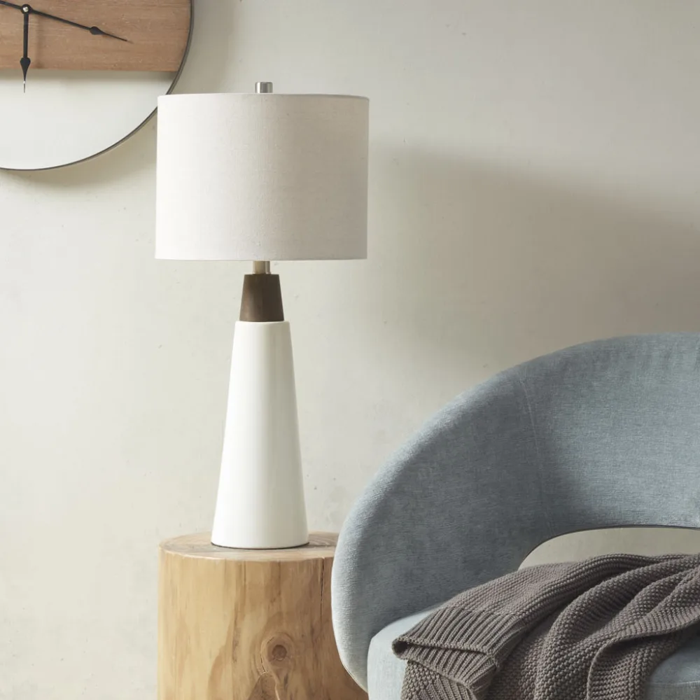 

Triangular Ceramic and Wood Table Lamp,Two-tone wood and ceramic base,Round drum shade