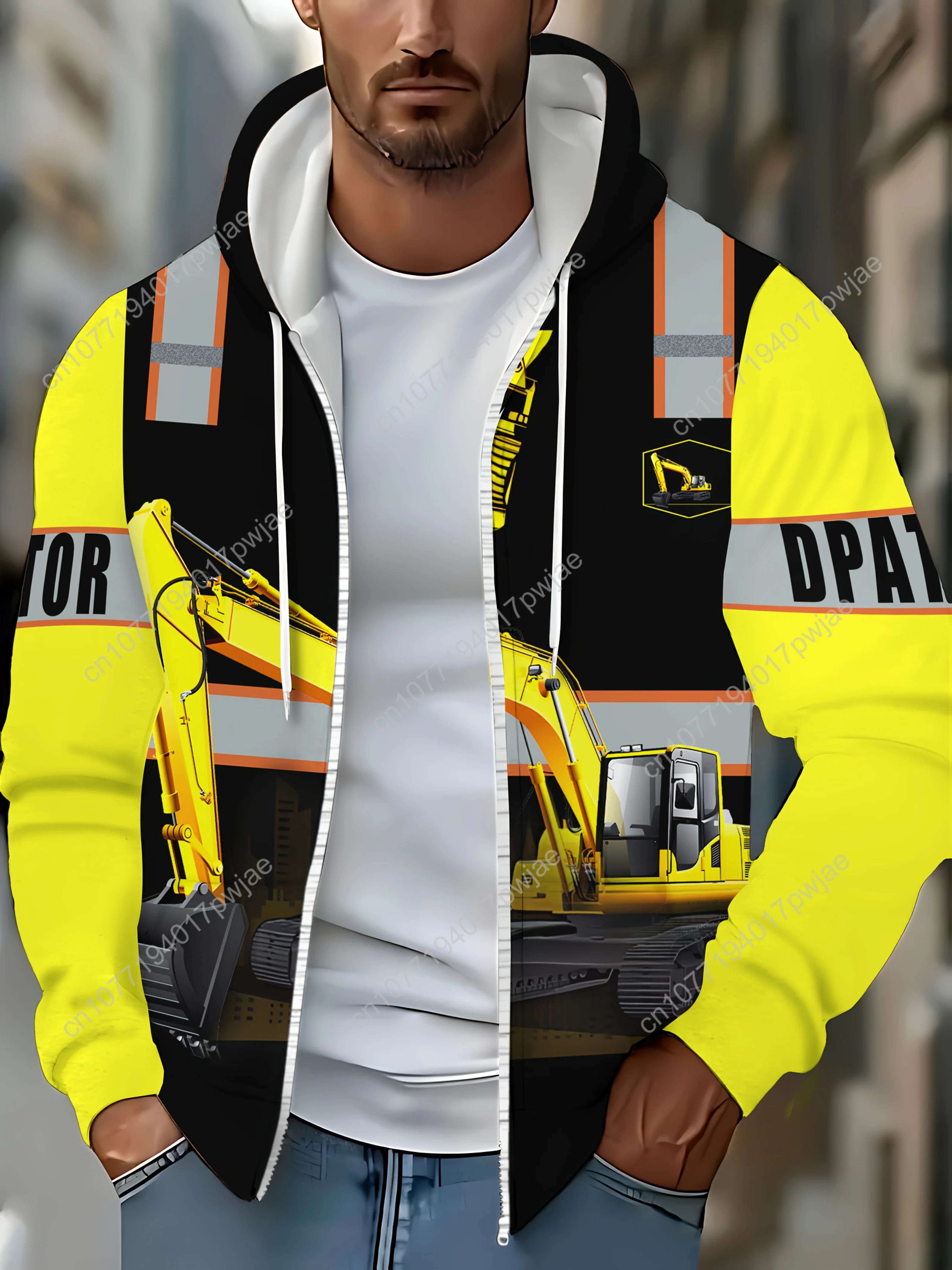 Мужские толстовки с капюшоном на молнии и длинными рукавами с рисунком экскаватора, осенне-зимняя повседневная уличная куртка на шнурке и поэзии