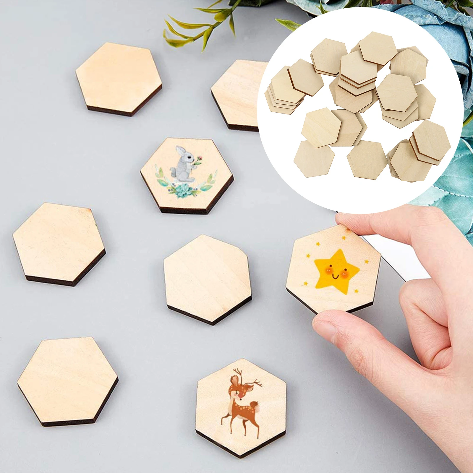 

50pc 60Mm Premium Wood Decorative Pieces Durable Wooden Diy Crafts Natural Beech Hexagonal Ornaments Smooth Hanging Decorations