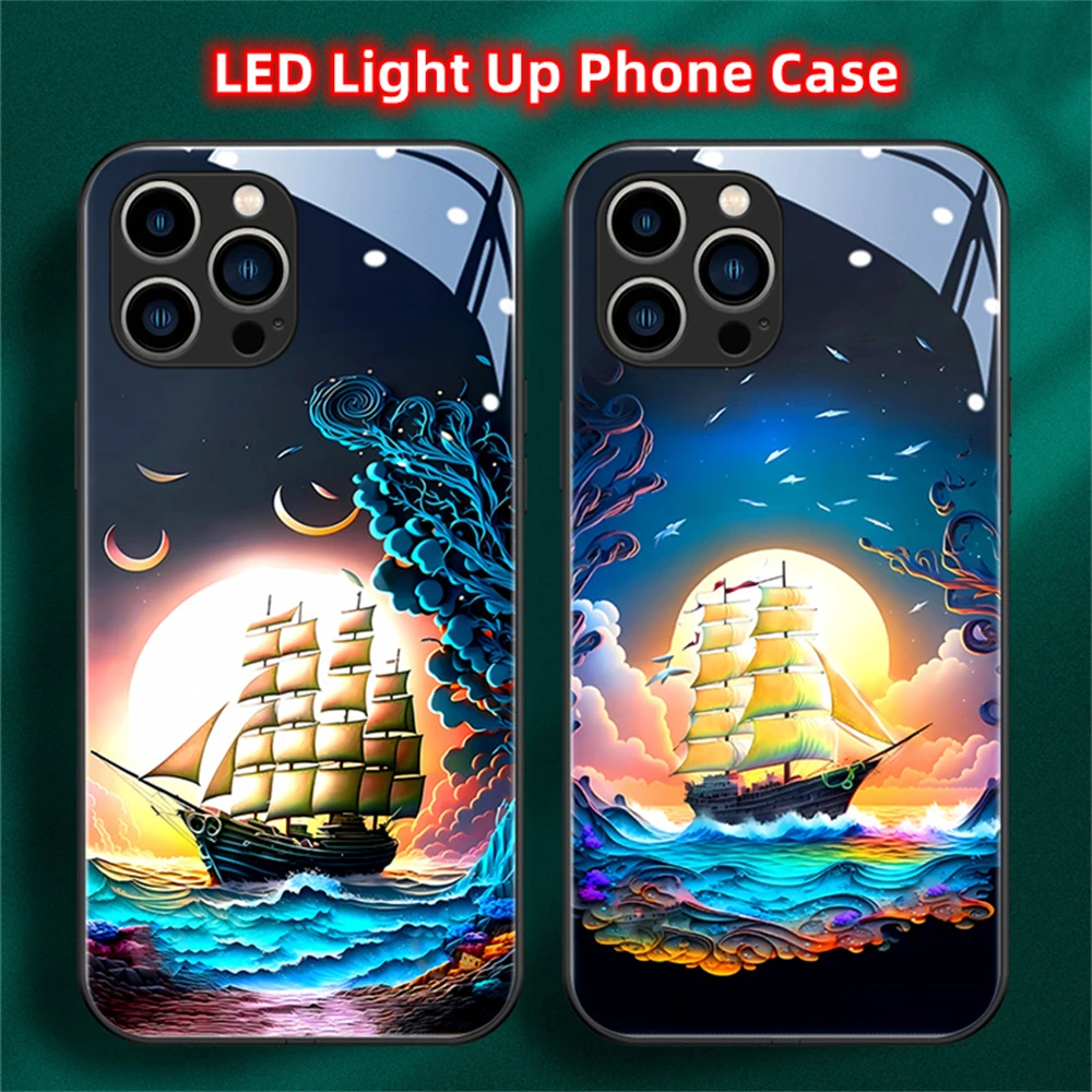 Sailboat Colorful LED Light Glow Luminous Tempered Glass Phone Case For iPhone 15 14 13 12 11 Pro Max X XR XS 6 7 8 Plus SE2020 image 4
