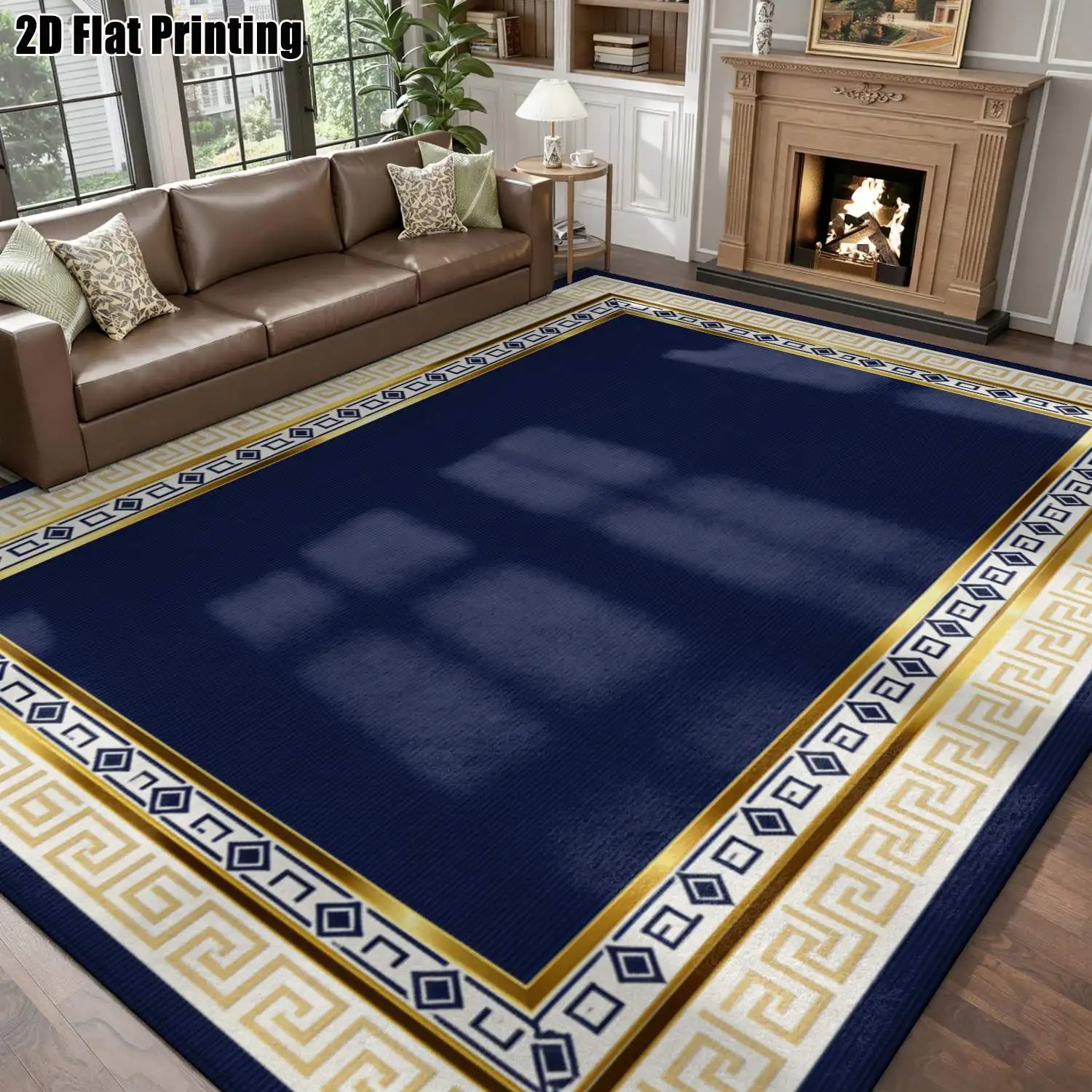1Pc 2D Printed Dark Blue Geometric Border Carpet: European-Style, Modern Minimalist, Suitable for Home Decor, Available in Multiple Sizes, Machine Washable, Ideal for Entryway, Dining Room, Foyer, Bedroom, Living Room