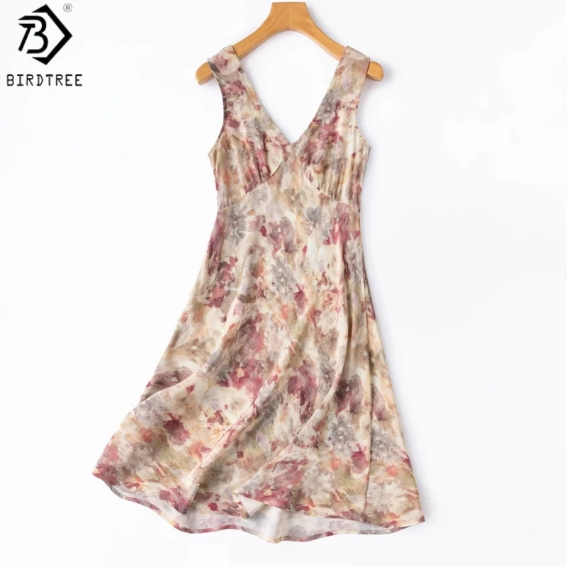 

BirdTree, 100% Real Silk Print Dress, Sleeveless V-neck, Women's Double Crepe Bias-cut Slim Dresses, 2026 Summer New D65527JF
