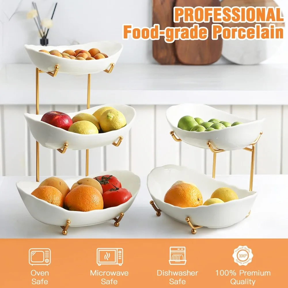 Fruit Bowl Kitchen Counter-3 Tier Ceramic Serving Bowls Metal Stand,Tiered Fruit Basket Fruit Vegetable Storage,Snack,Nuts,Cake,