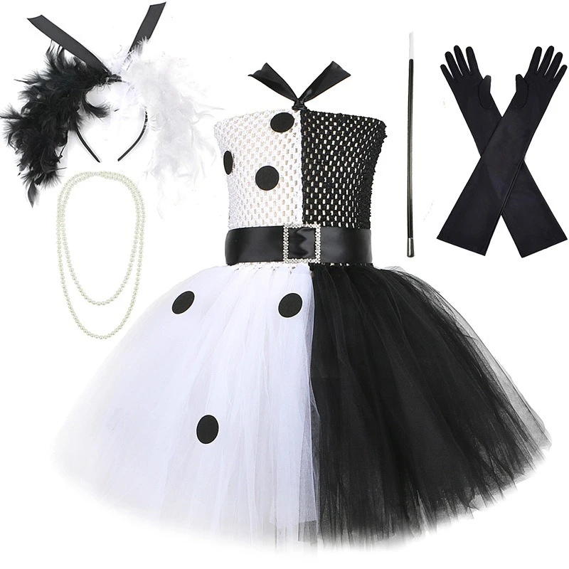 Girls Black White Spotted Tulle Tutu Dress Witch Clothing Set Kids Halloween Carnival Stage Performance Party Fancy Outfit