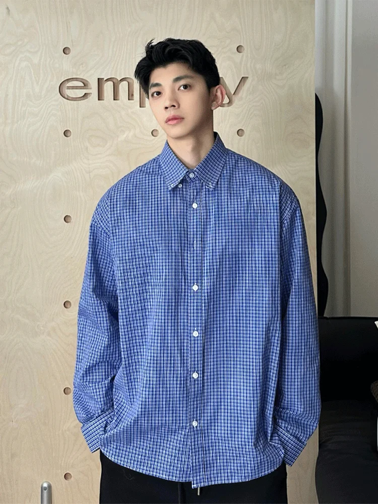 

Мужская рубашка в американском ретро-стиле, синяя в клетку, весенняя, повседневная, премиум-класса, с воротником-стойкой, для многослойных образов, как внутренний слой, топ